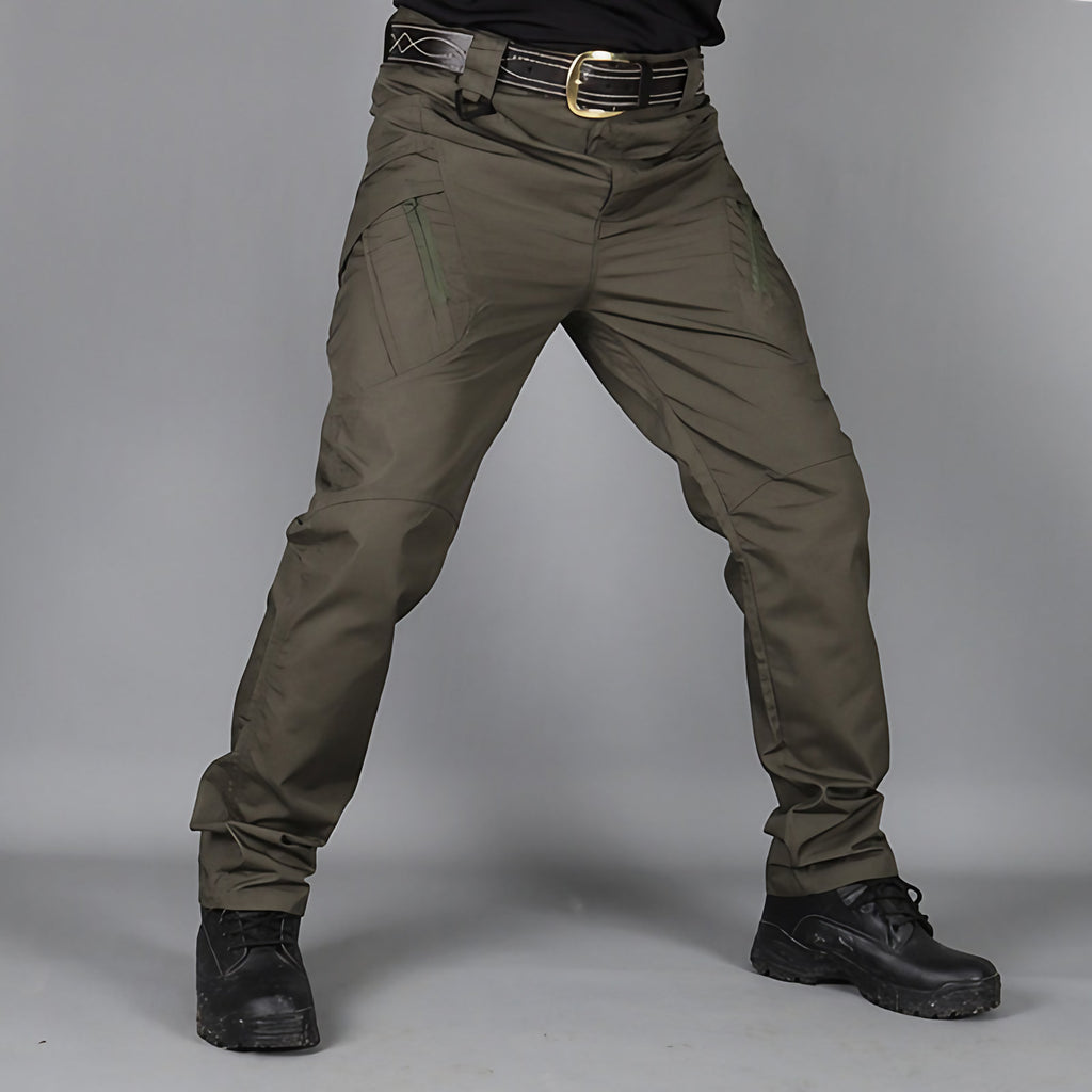 Pantalon tactique homme extensible, sept poches, genoux renforcés, vert armée