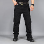 Pantalon tactique homme extensible, sept poches, genoux renforcés, noir