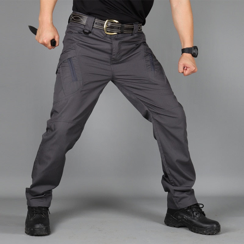 Pantalon tactique homme extensible, sept poches, genoux renforcés, gris