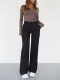 Pantalon taille haute femme, jambe droite, cinq coloris, noir