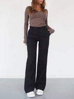 Pantalon taille haute femme, jambe droite, cinq coloris, noir