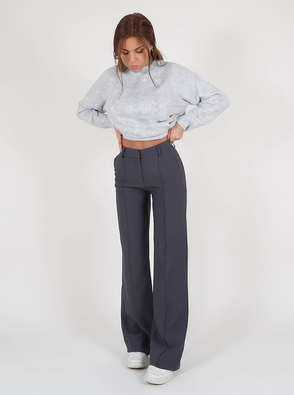 Pantalon taille haute femme, jambe droite, cinq coloris, gris