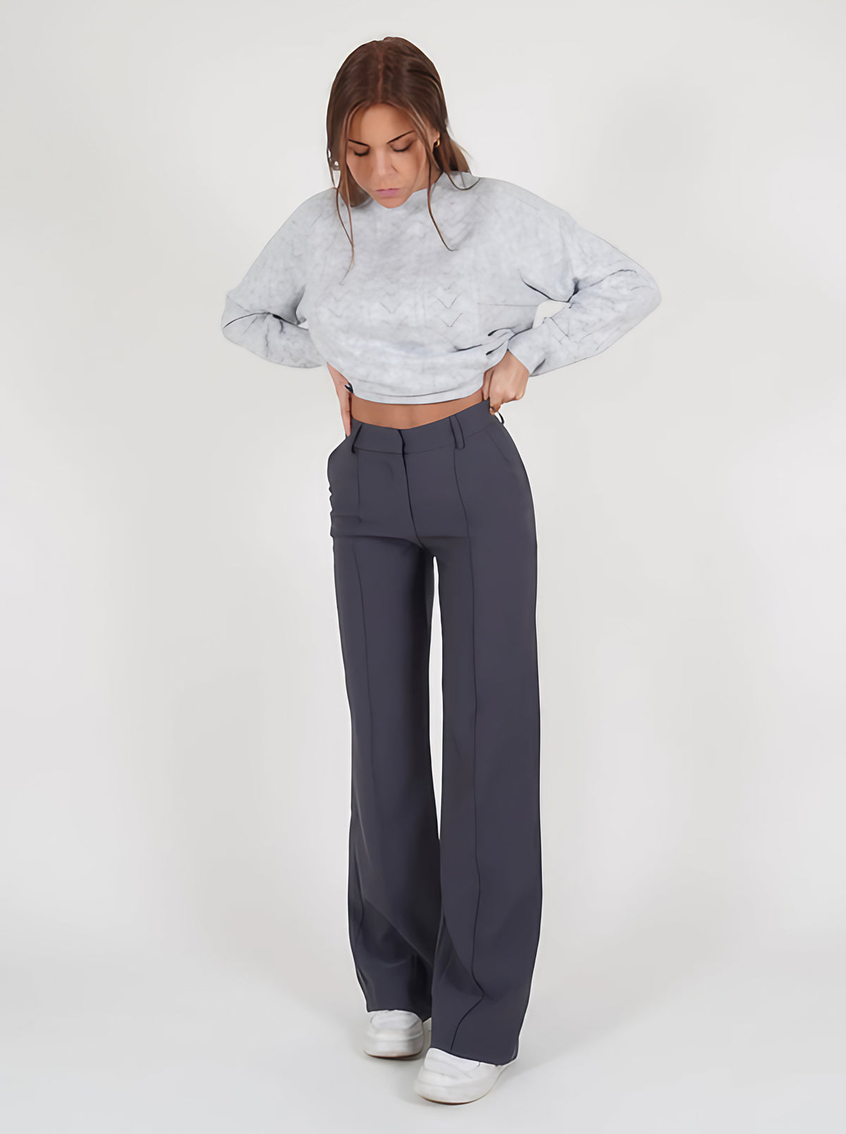 Pantalon taille haute femme, jambe droite, cinq coloris, gris