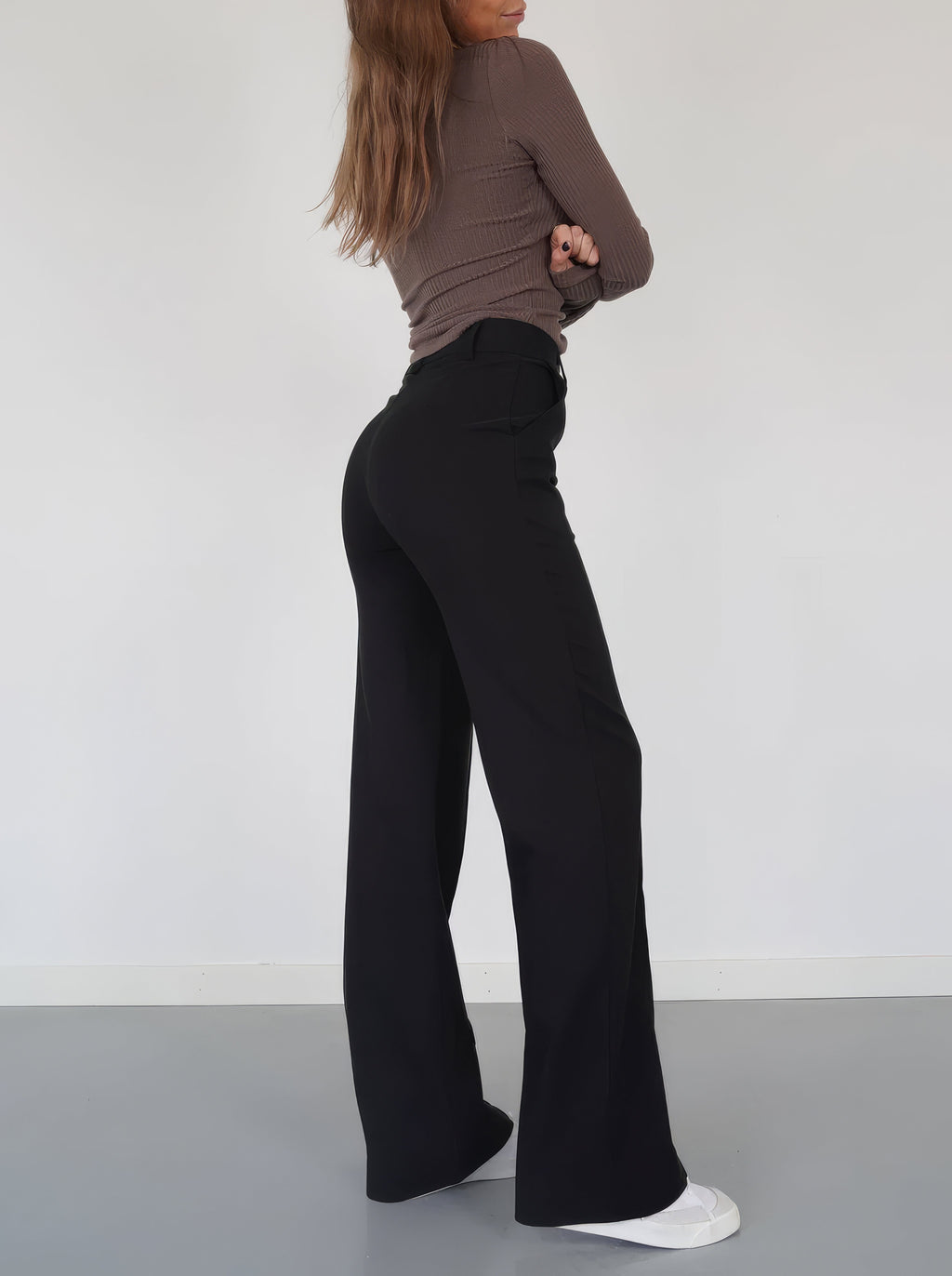 Pantalon taille haute femme, jambe droite, cinq coloris