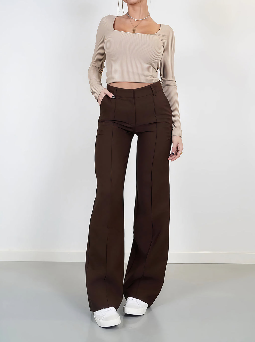 Pantalon taille haute femme, jambe droite, cinq coloris, marron