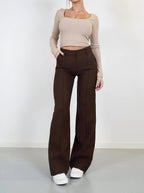 Pantalon taille haute femme, jambe droite, cinq coloris, marron