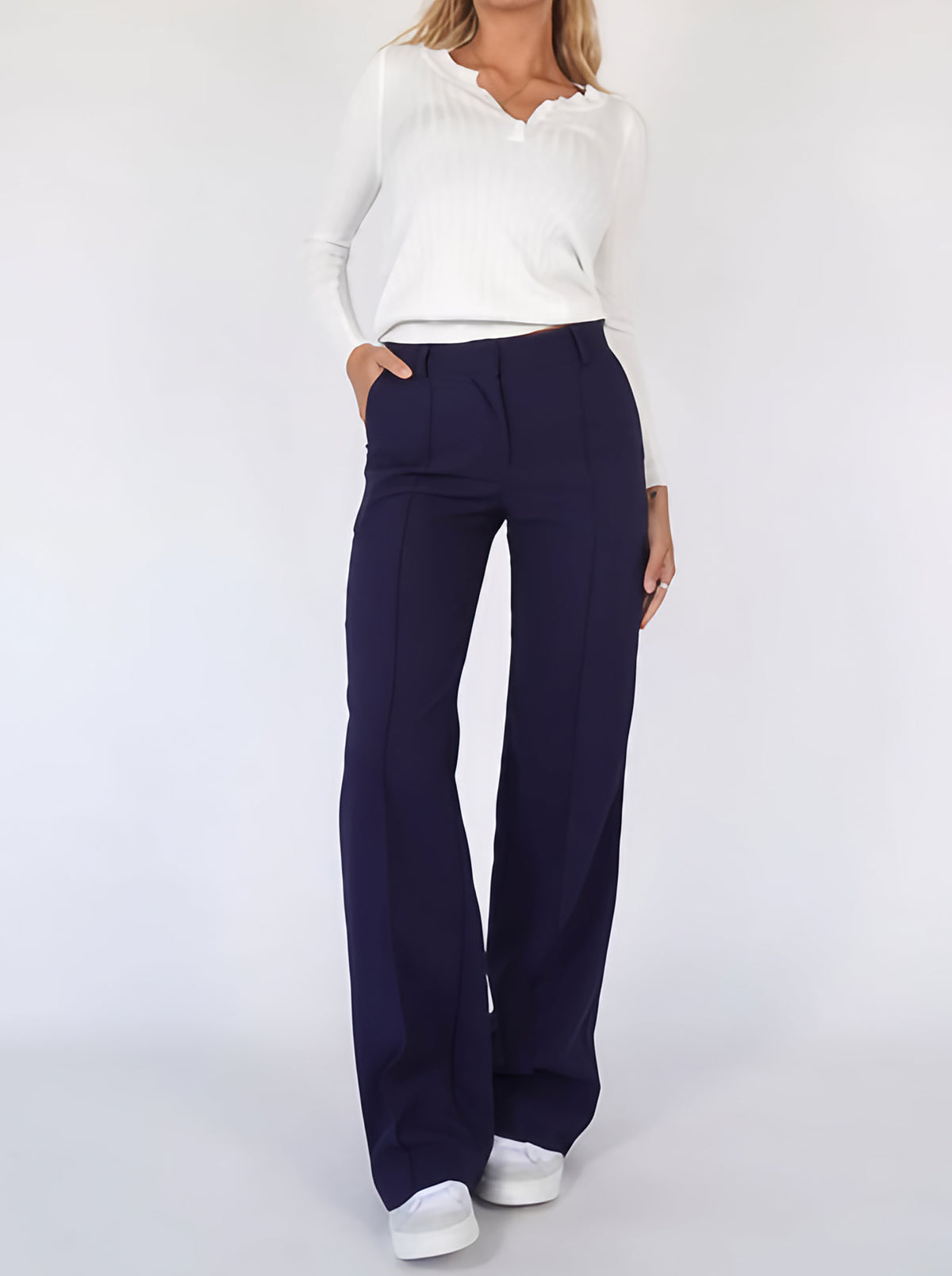 Pantalon taille haute femme, jambe droite, cinq coloris, bleu