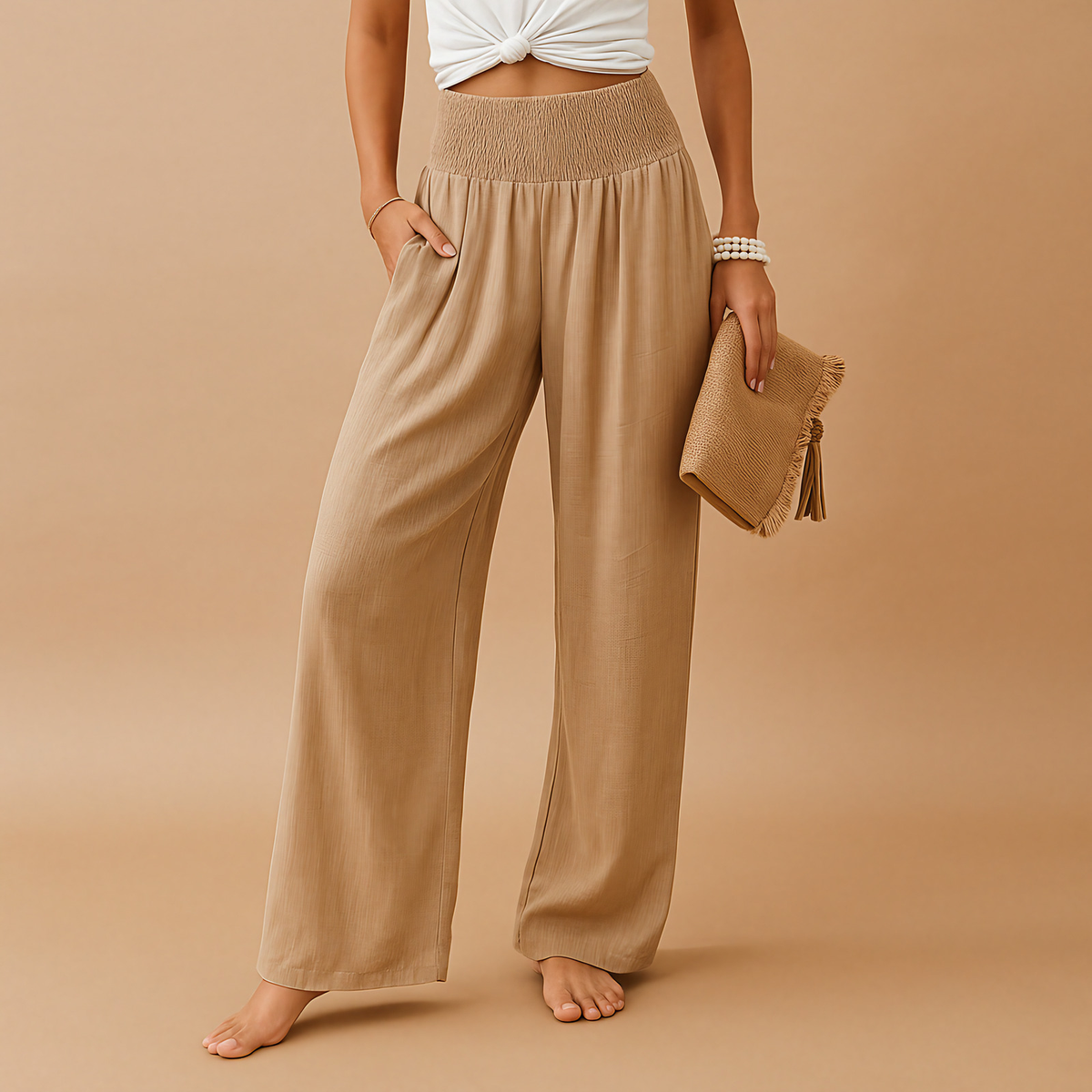 Pantalon femme taille haute élastique, jambe droite, huit coloris, kaki