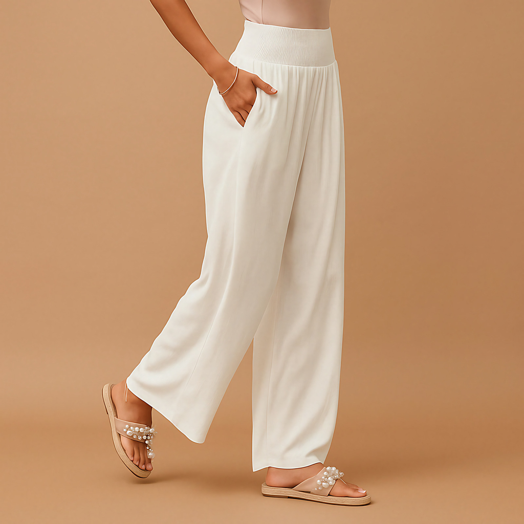 Pantalon femme taille haute élastique, jambe droite, huit coloris, blanc