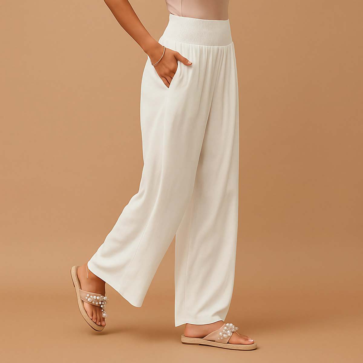 Pantalon femme taille haute élastique, jambe droite, huit coloris, blanc