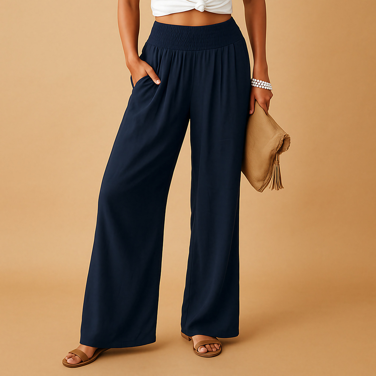 Pantalon femme taille haute élastique, jambe droite, huit coloris, bleu marine