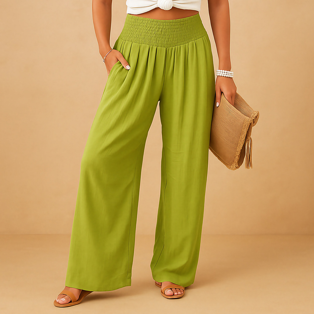 Pantalon femme taille haute élastique, jambe droite, huit coloris, vert clair