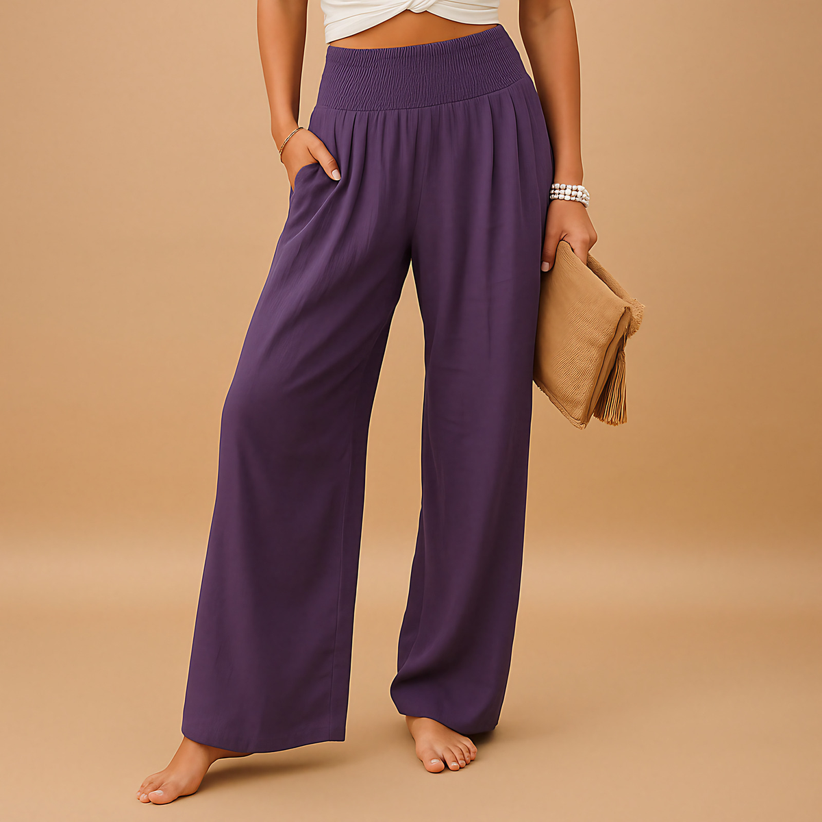 Pantalon femme taille haute élastique, jambe droite, huit coloris, violet