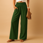 Pantalon femme taille haute élastique, jambe droite, huit coloris, vert foncé