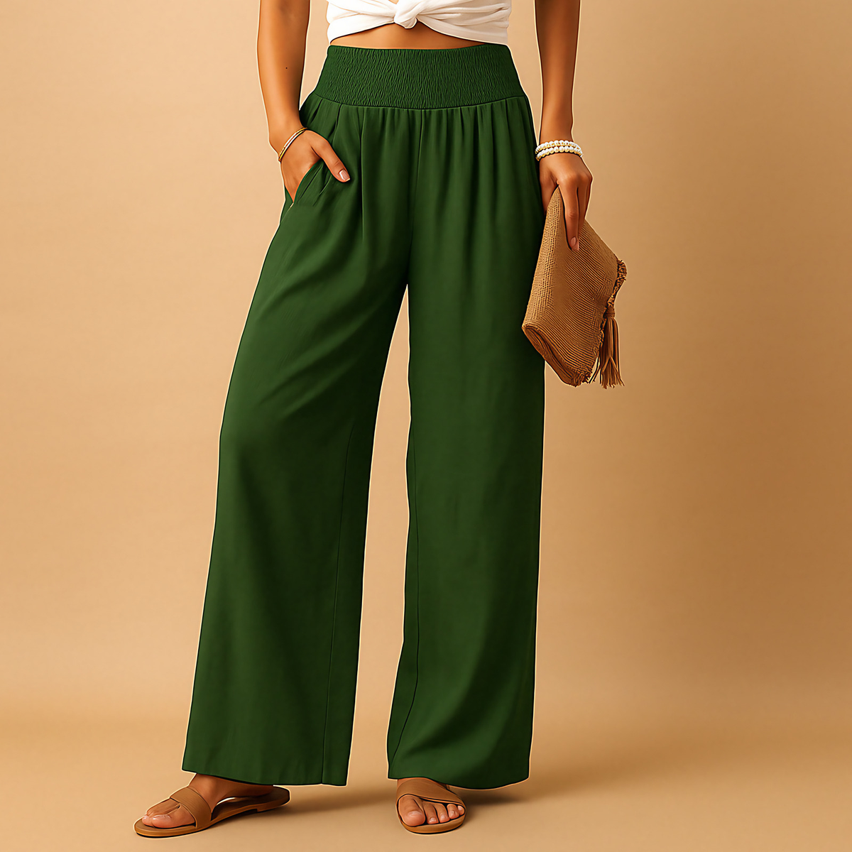 Pantalon femme taille haute élastique, jambe droite, huit coloris, vert foncé