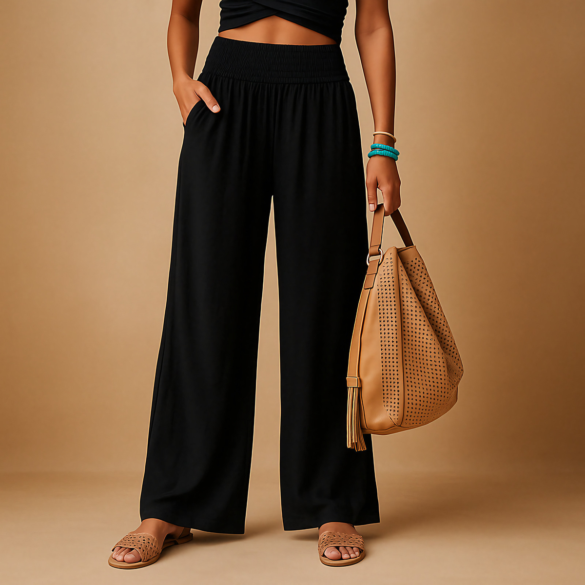Pantalon femme taille haute élastique, jambe droite, huit coloris, noir