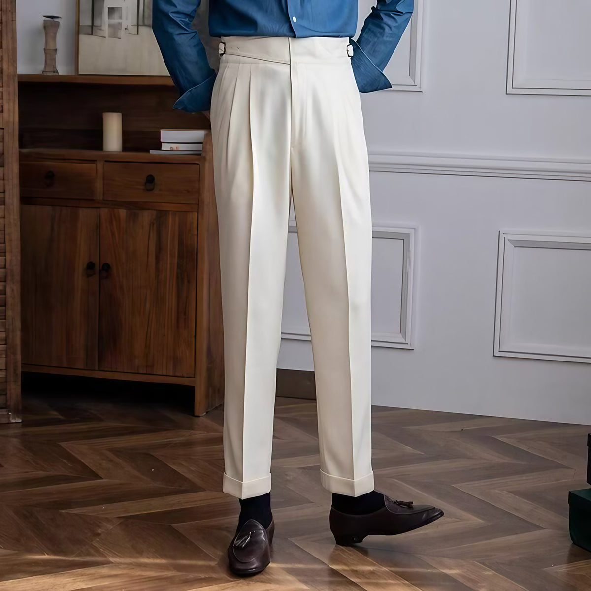 Pantalon tailleur homme taille haute, quatre coloris, du 28 au 36, blanc