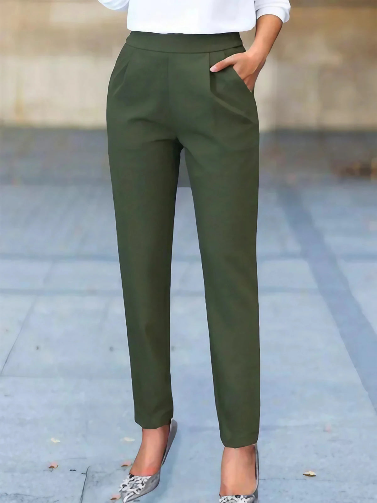 Pantalon tailleur femme à poches discrètes, du M au 3XL, vert