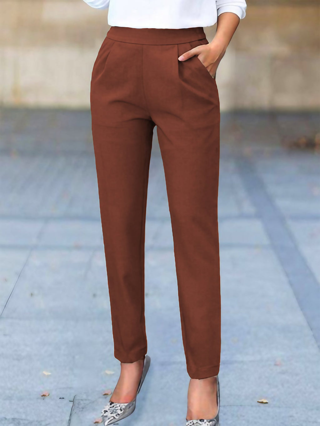 Pantalon tailleur femme à poches discrètes, du M au 3XL, marron
