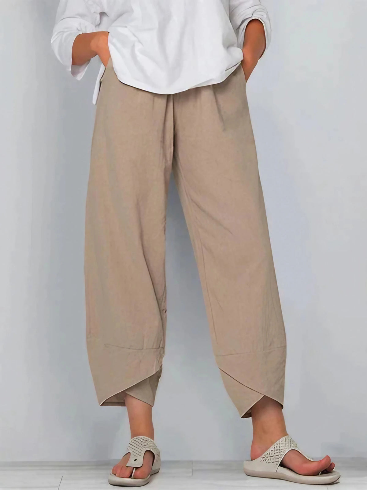 Pantalon trois-quarts femme ample, taille élastique, neuf coloris, kaki