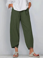 Pantalon trois-quarts femme ample, taille élastique, neuf coloris, vert