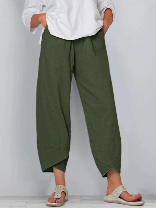 Pantalon trois-quarts femme ample, taille élastique, neuf coloris, vert