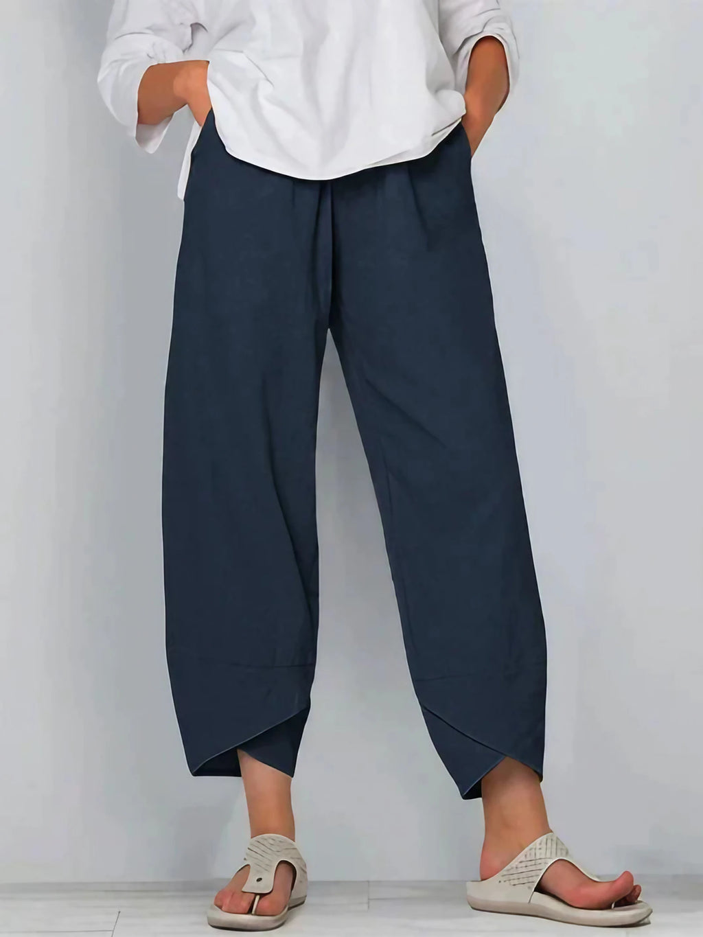 Pantalon trois-quarts femme ample, taille élastique, neuf coloris, bleu marine