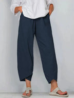 Pantalon trois-quarts femme ample, taille élastique, neuf coloris, bleu marine