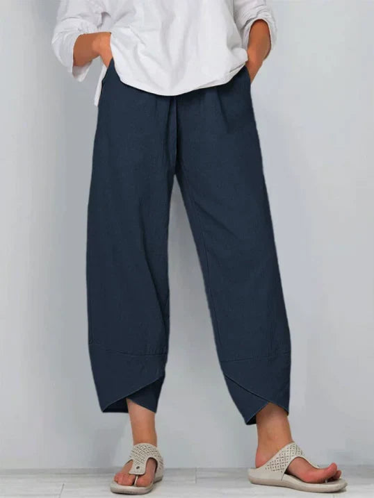 Pantalon trois-quarts femme ample, taille élastique, neuf coloris, bleu marine