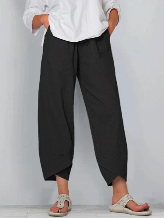 Pantalon trois-quarts femme ample, taille élastique, neuf coloris, noir