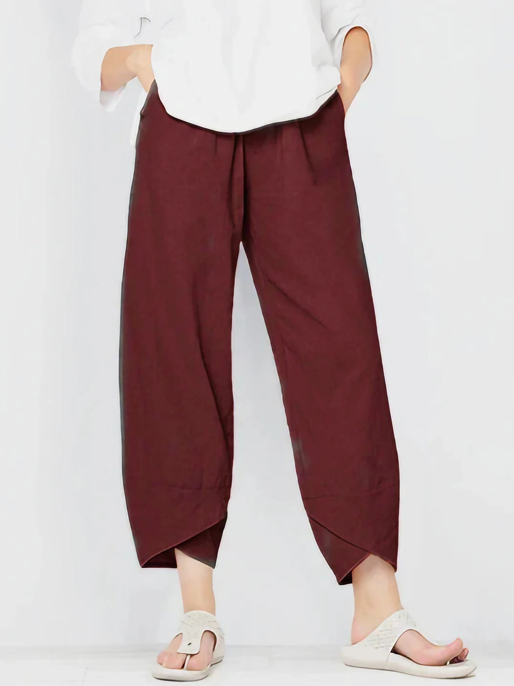Pantalon trois-quarts femme ample, taille élastique, neuf coloris, rouge