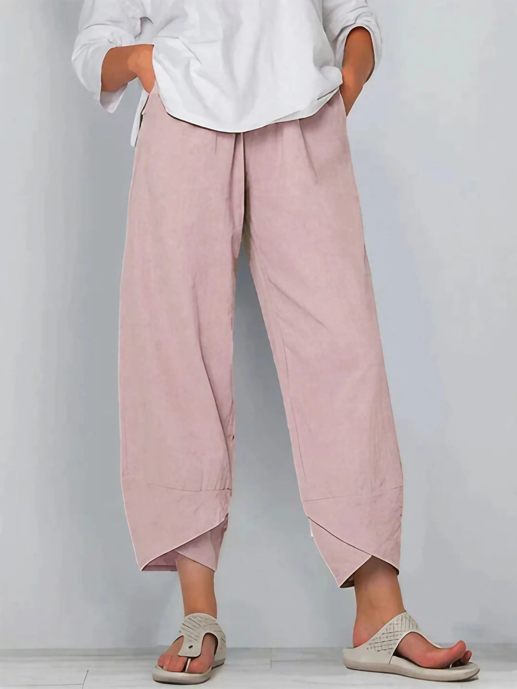 Pantalon trois-quarts femme ample, taille élastique, neuf coloris, rose