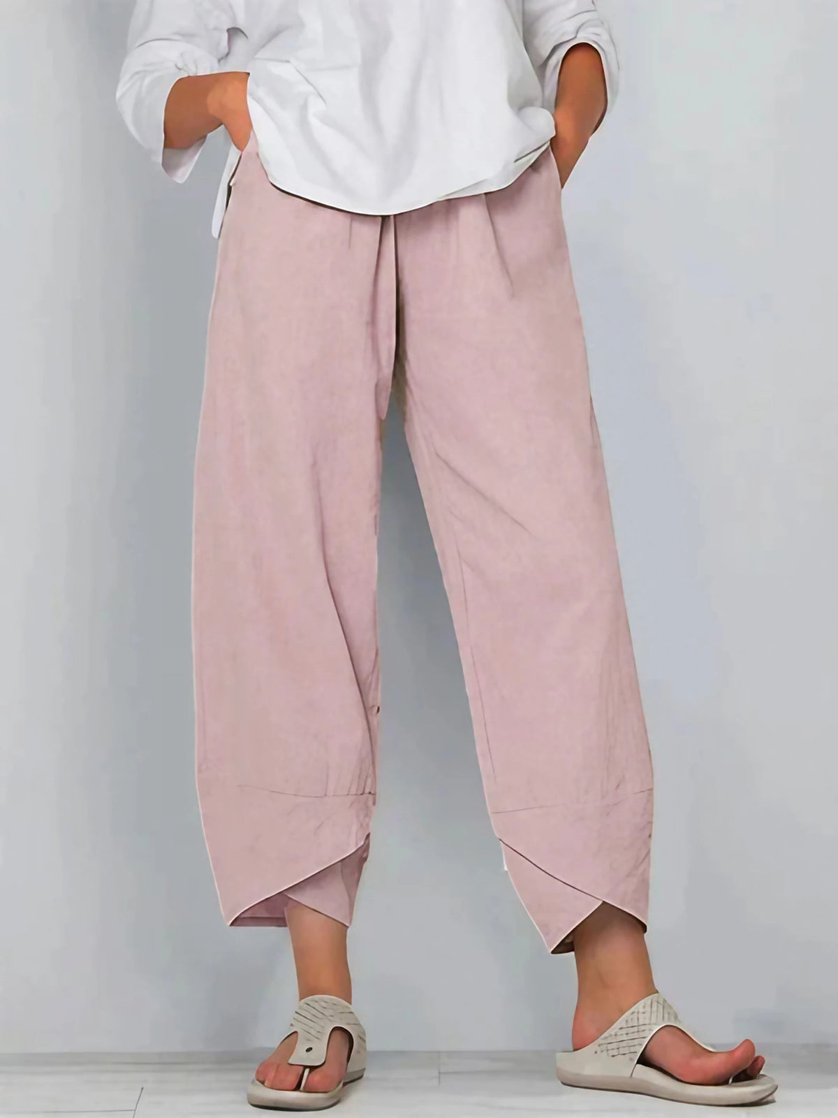Pantalon trois-quarts femme ample, taille élastique, neuf coloris, rose