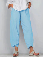 Pantalon trois-quarts femme ample, taille élastique, neuf coloris, bleu