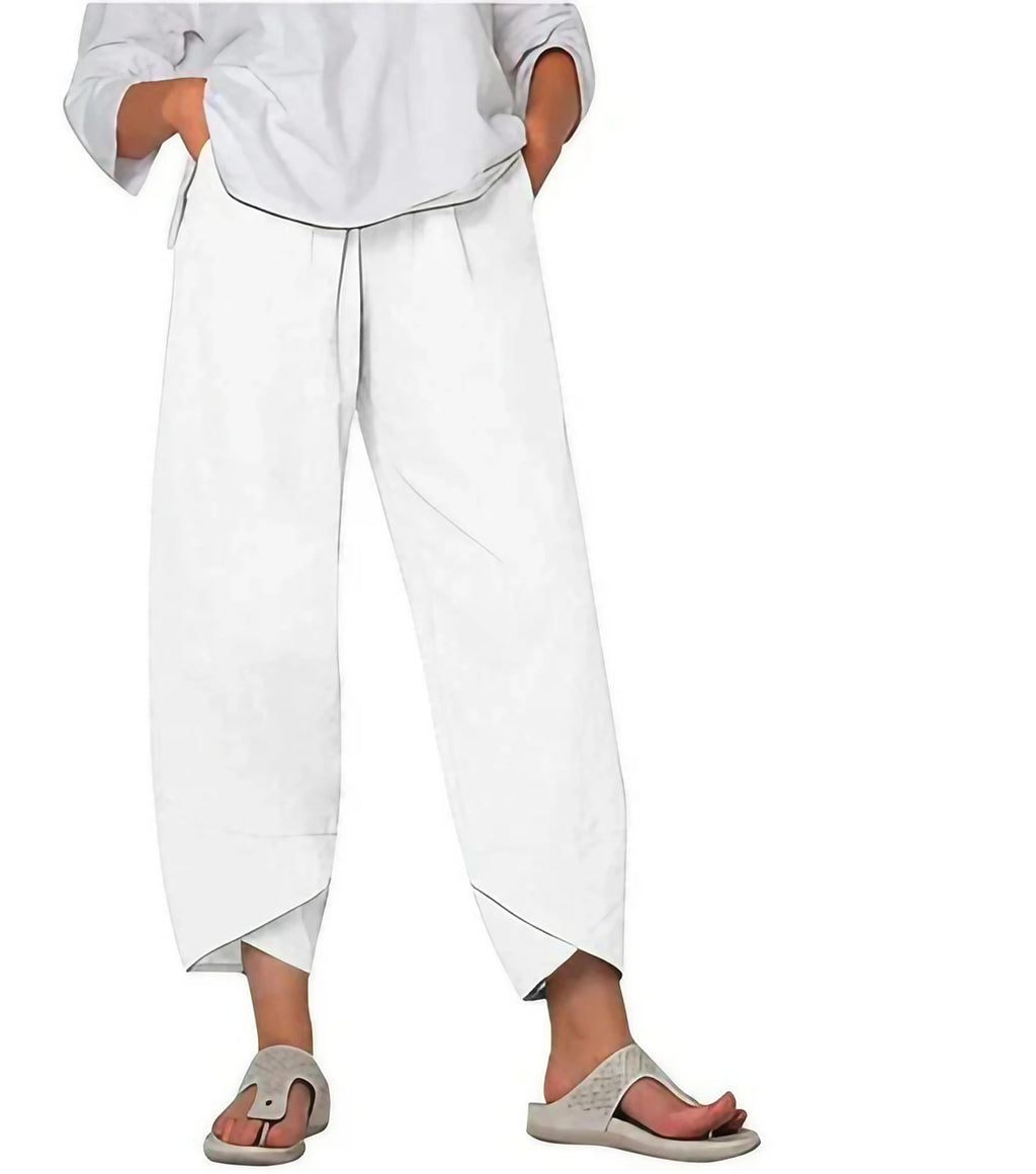 Pantalon trois-quarts femme ample, taille élastique, neuf coloris, blanc