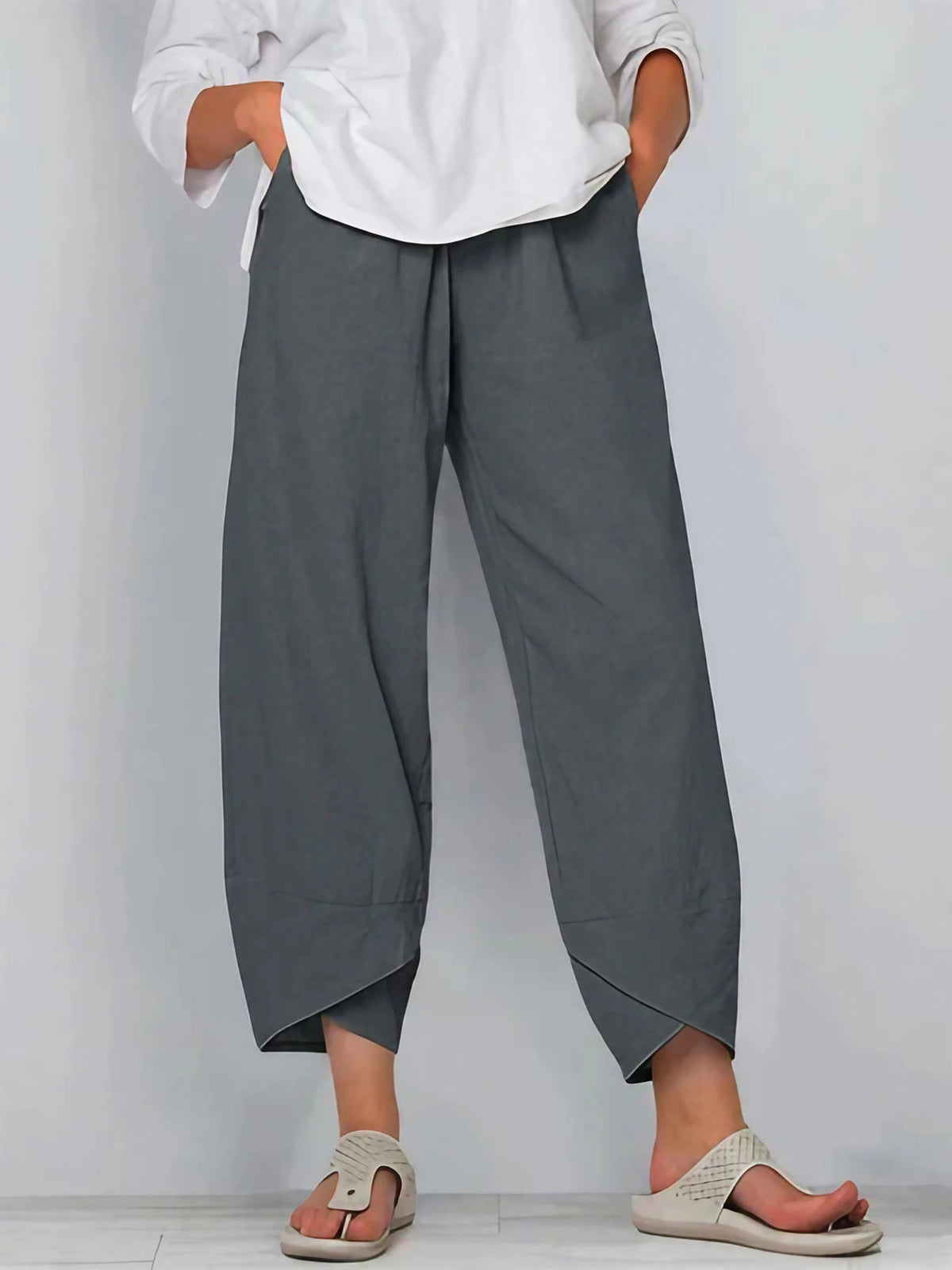 Pantalon trois-quarts femme ample, taille élastique, neuf coloris, gris