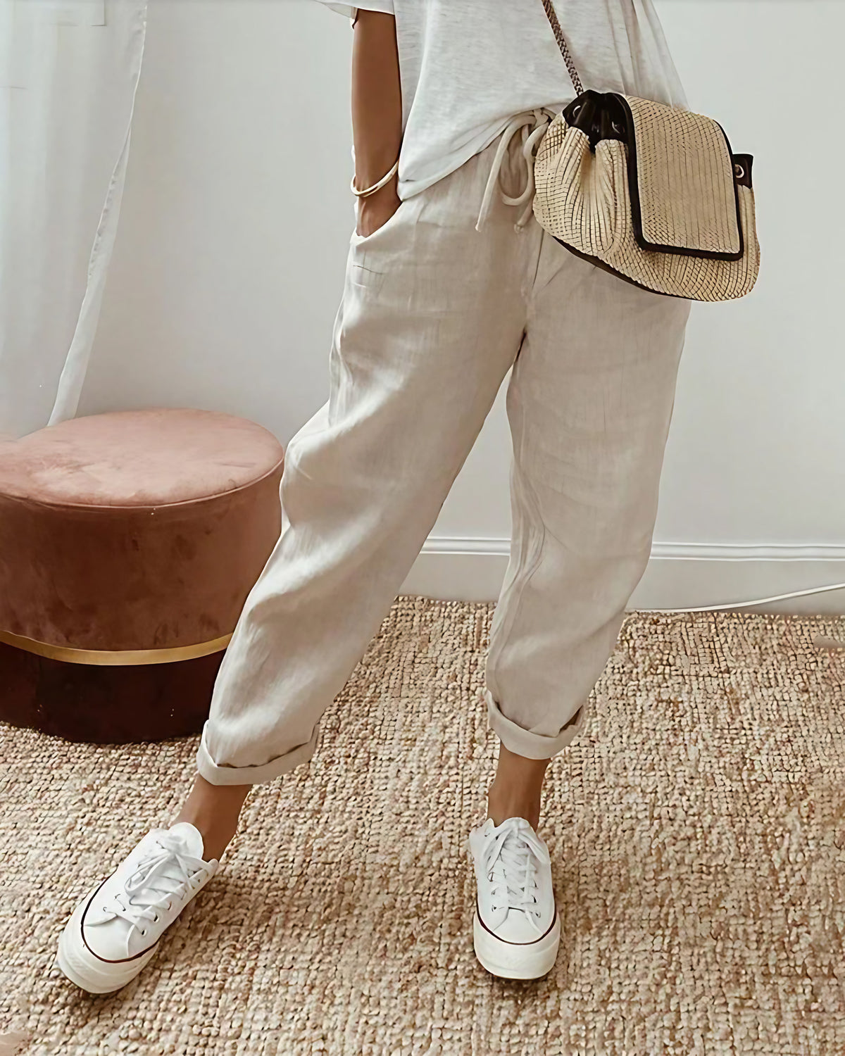 Pantalon uni femme d'été, coupe ajustée, du S au 4XL, beige