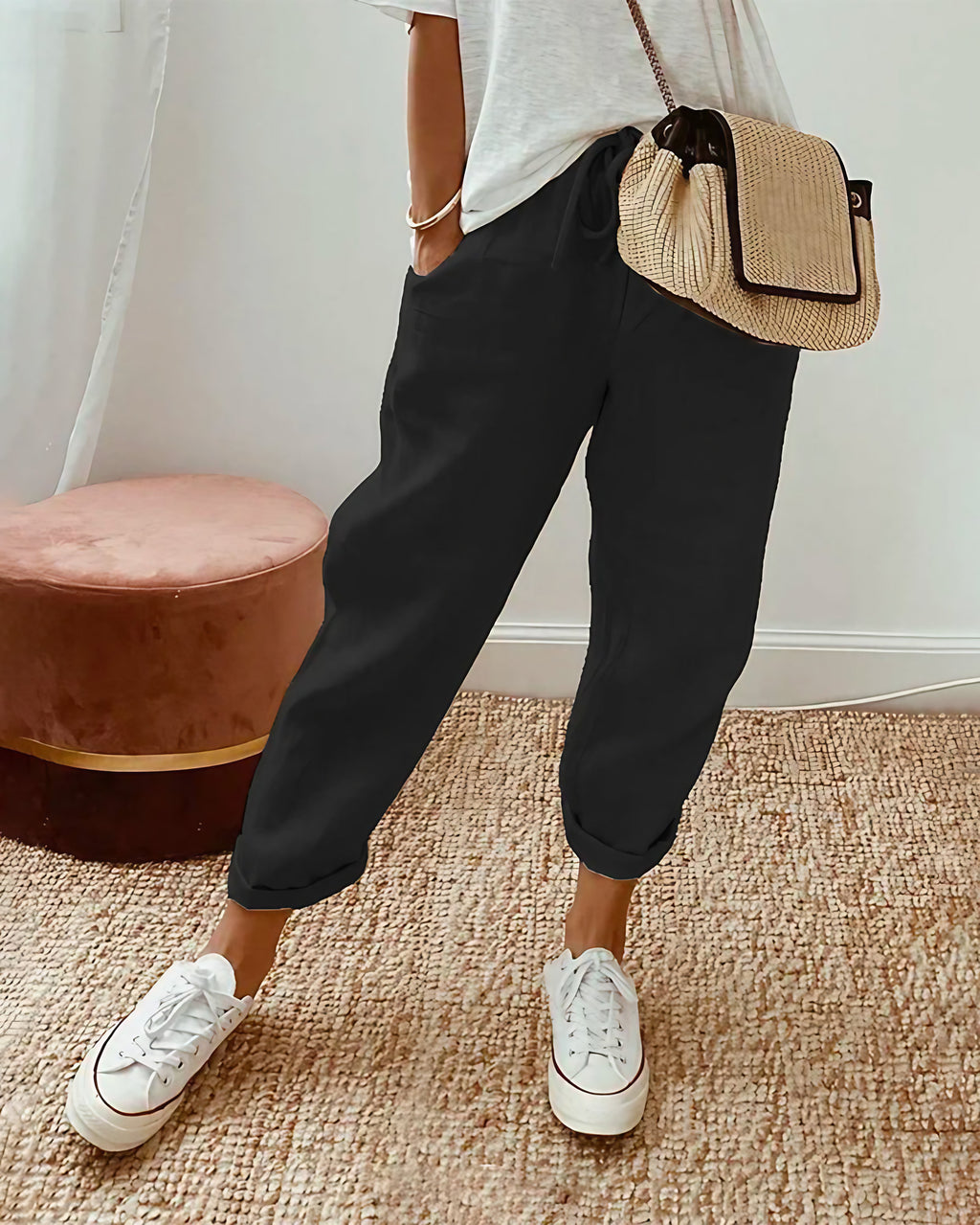 Pantalon uni femme d'été, coupe ajustée, du S au 4XL, noir