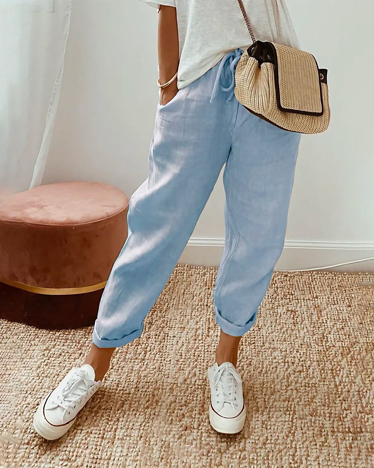 Pantalon uni femme d'été, coupe ajustée, du S au 4XL, bleu