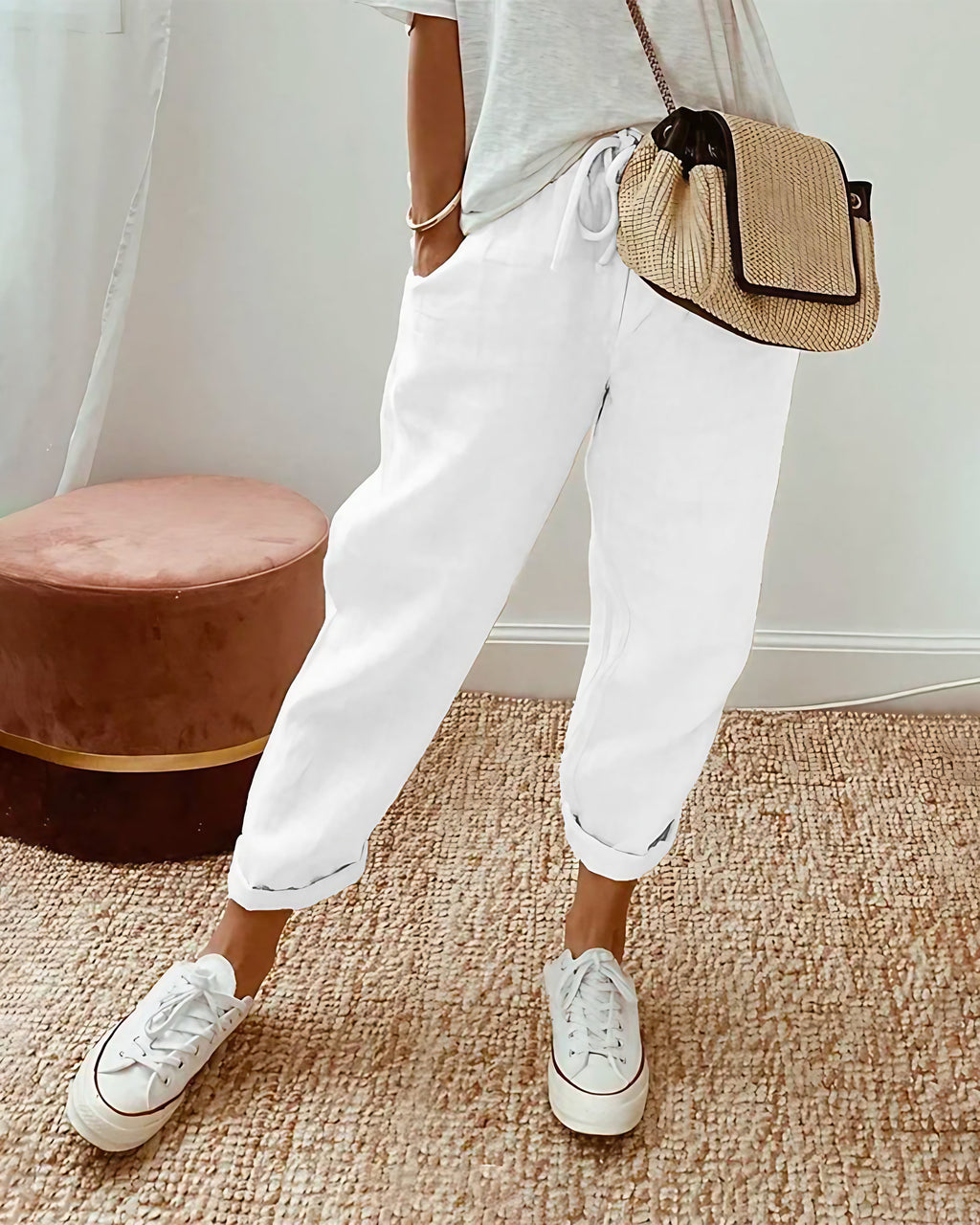 Pantalon uni femme d'été, coupe ajustée, du S au 4XL, blanc