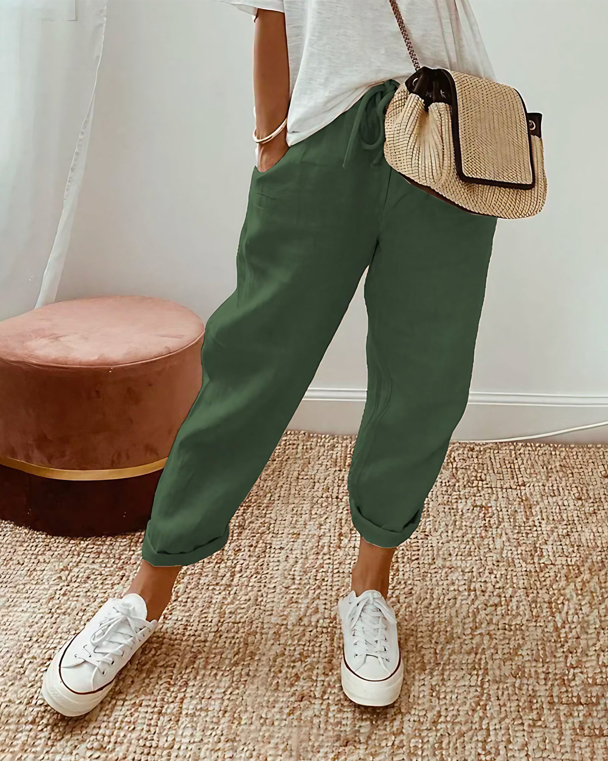 Pantalon uni femme d'été, coupe ajustée, du S au 4XL, vert