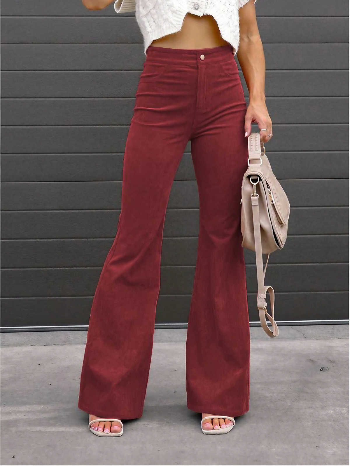 Pantalon évasé femme taille haute, style années 70, six coloris, rouge