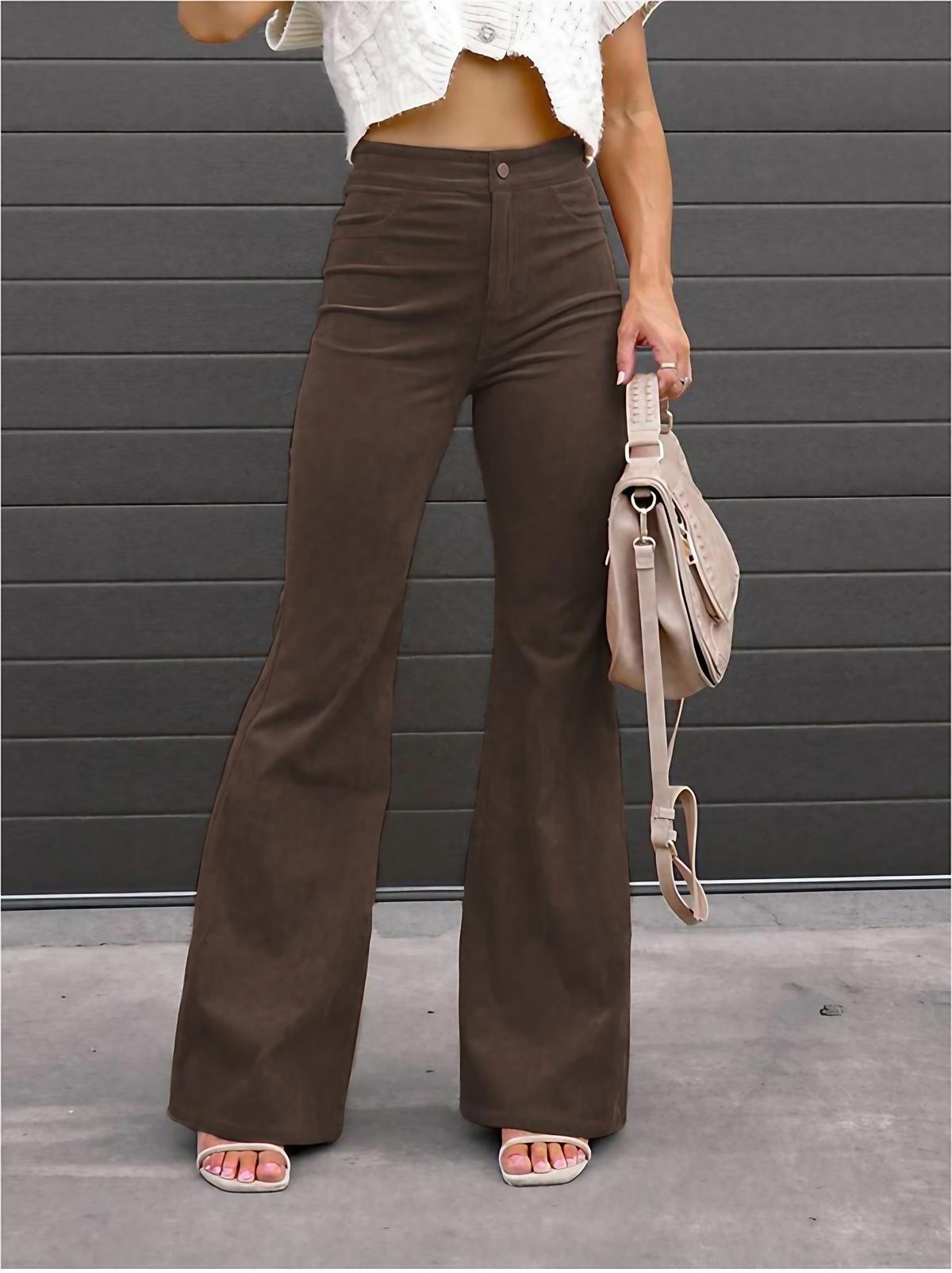 Pantalon évasé femme taille haute, style années 70, six coloris, brun