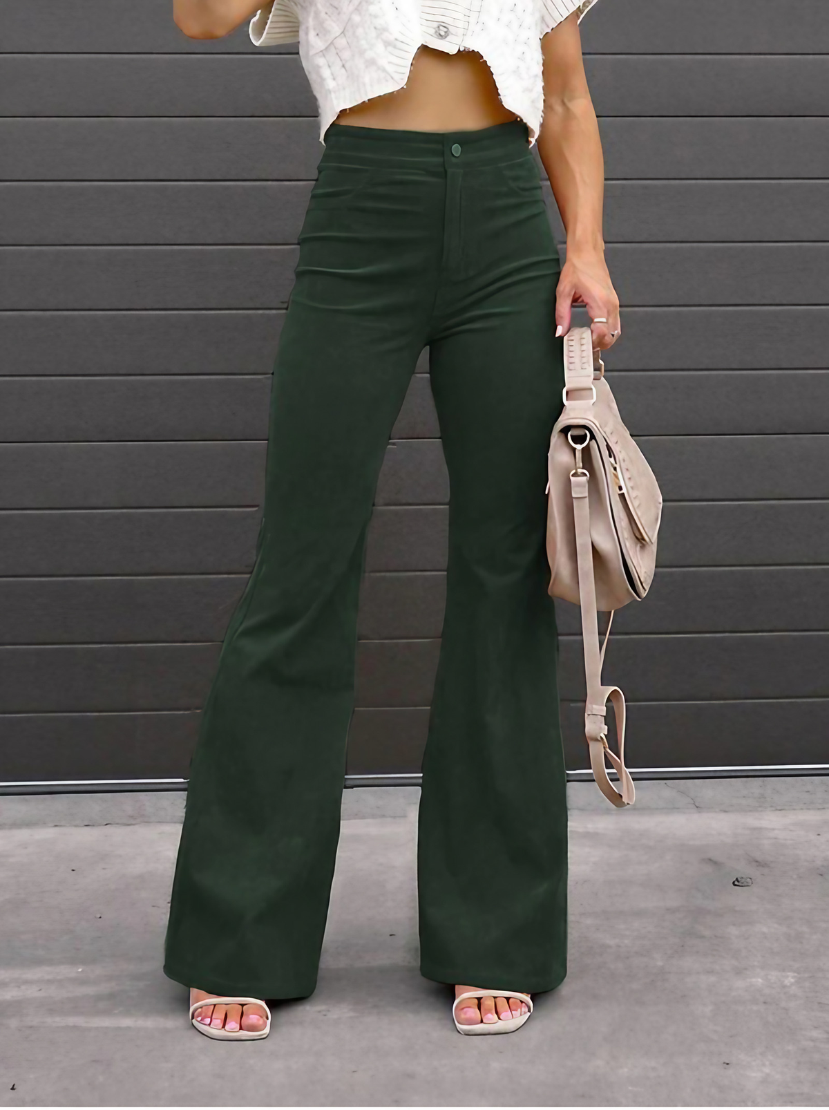 Pantalon évasé femme taille haute, style années 70, six coloris, vert