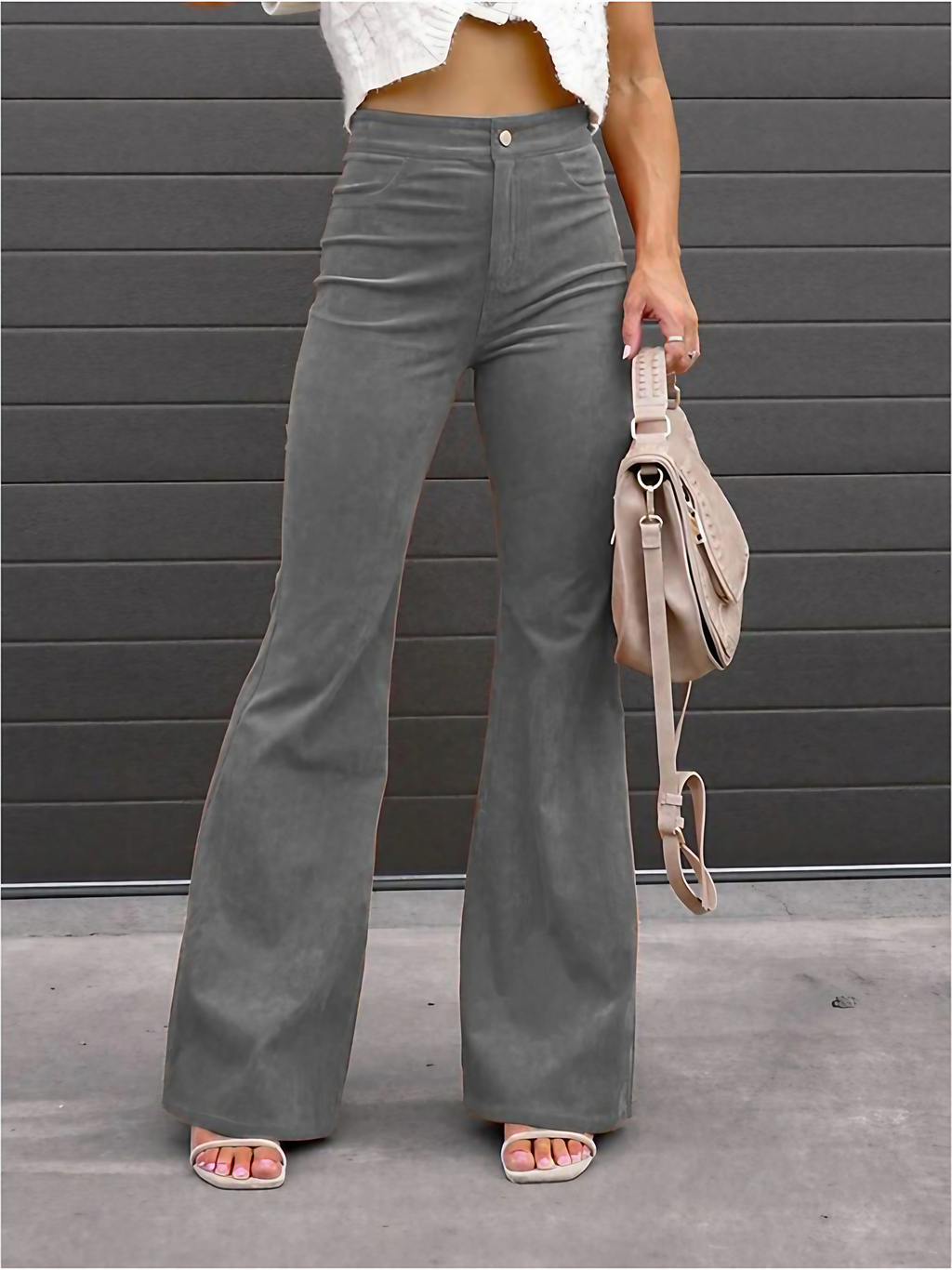 Pantalon évasé femme taille haute, style années 70, six coloris, gris
