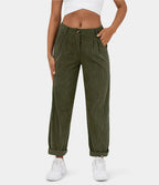 Pantalon en velours côtelé femme, taille mi-haute, cinq coloris, vert foncé