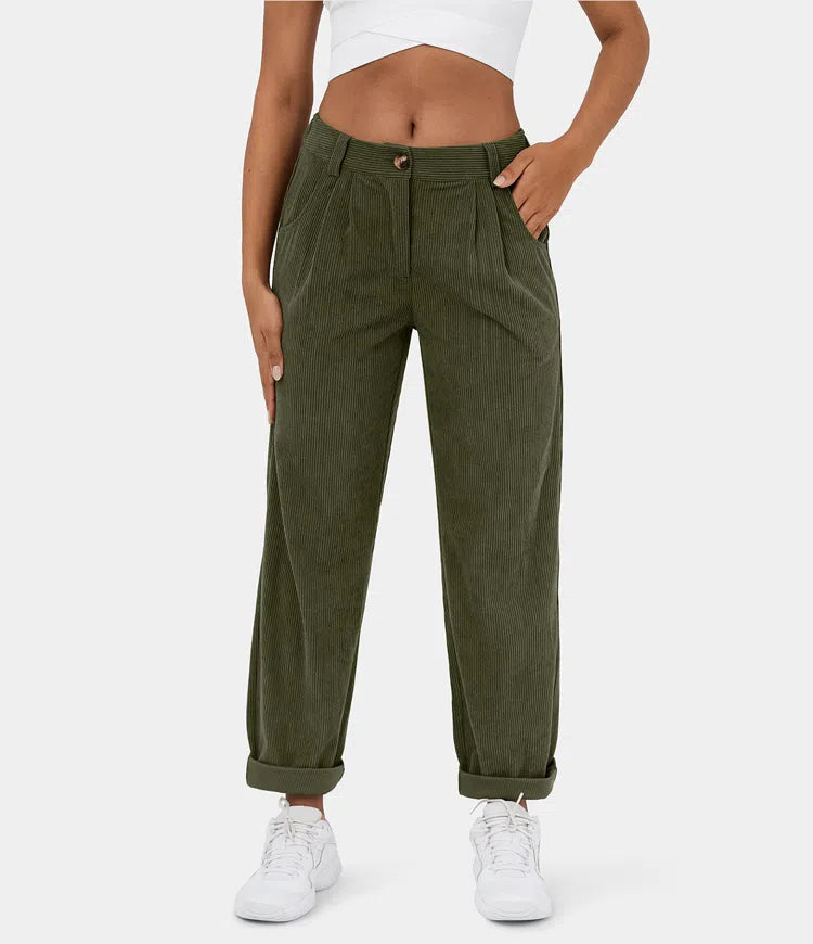 Pantalon en velours côtelé femme, taille mi-haute, cinq coloris, vert foncé