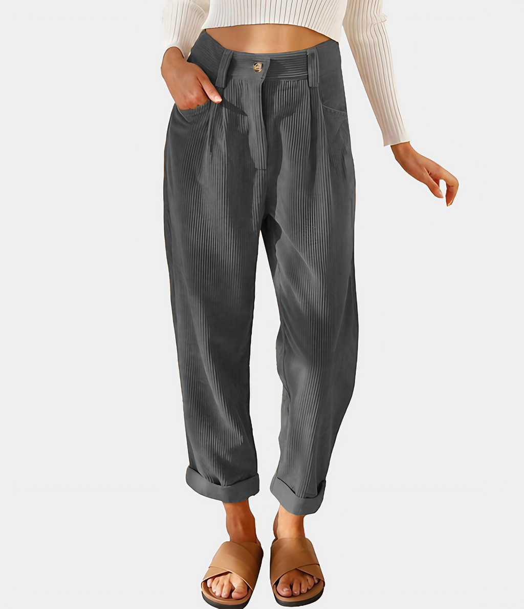 Pantalon en velours côtelé femme, taille mi-haute, cinq coloris, gris