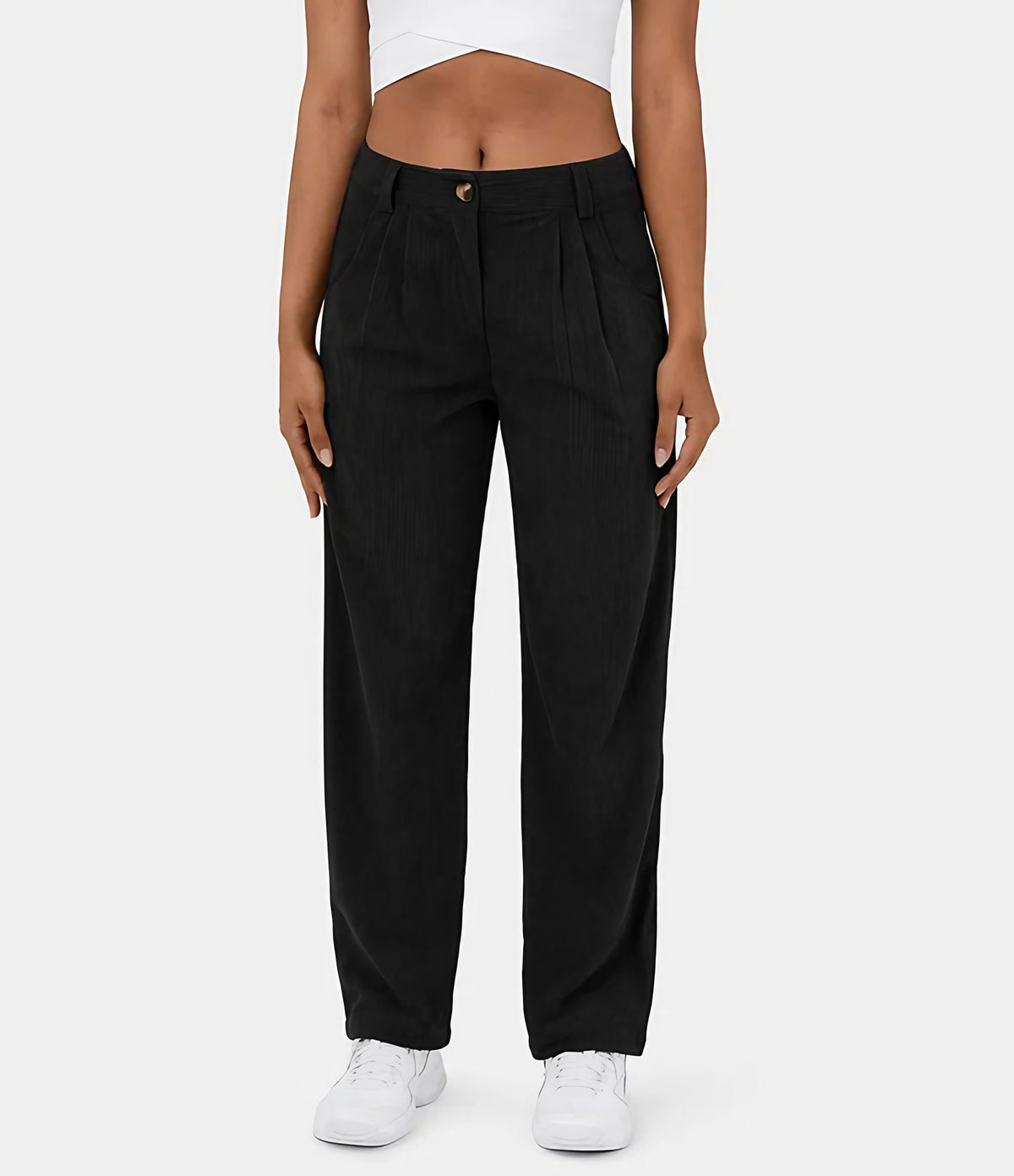 Pantalon en velours côtelé femme, taille mi-haute, cinq coloris, noir
