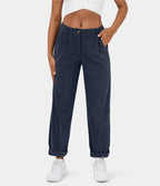 Pantalon en velours côtelé femme, taille mi-haute, cinq coloris, bleu foncé